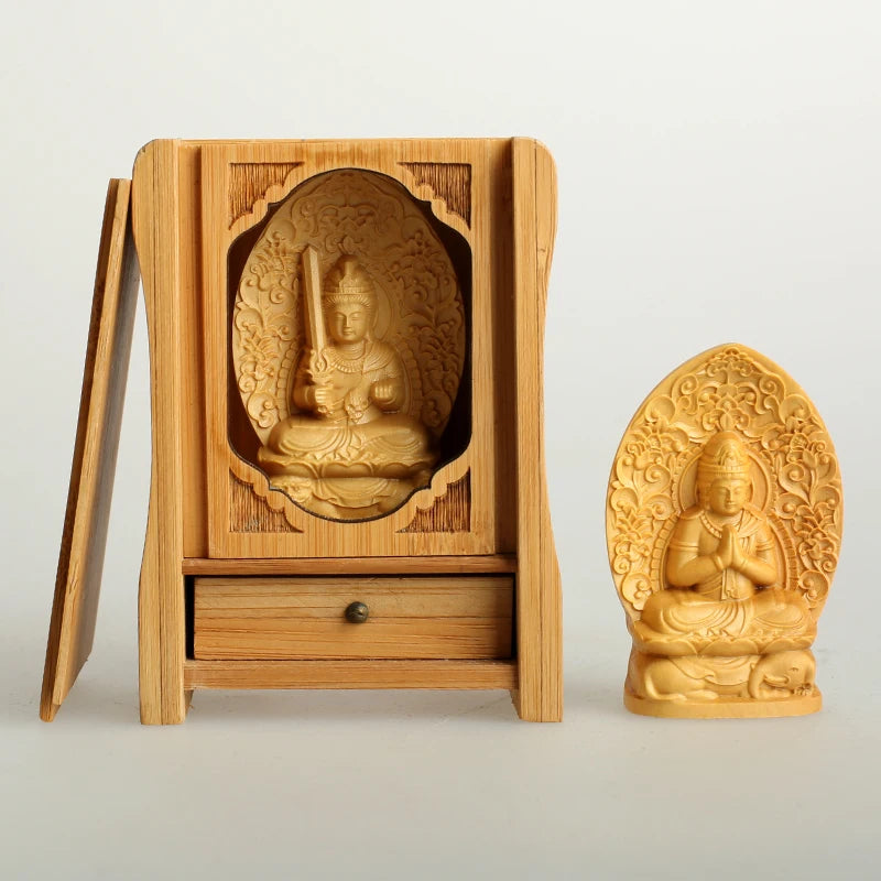 Portable bamboo travel prayer box shrine set with wood carved manjushri statue & separate praying buddha figurine zen
