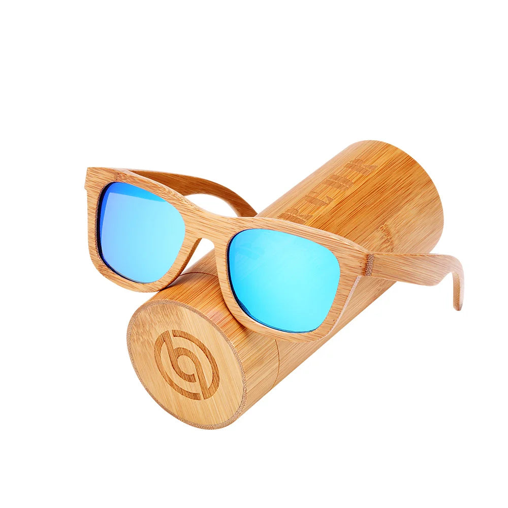 Barcur retro men sun glasses women polarized sunglasses bamboo handmade wood beach wooden oculos de sol - blue box