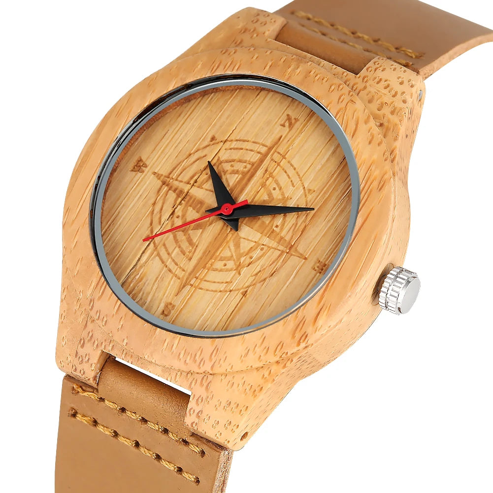 Women’s watch delicate brown eco-friendly natural quartz bamboo watches compass design pattern wristwatch