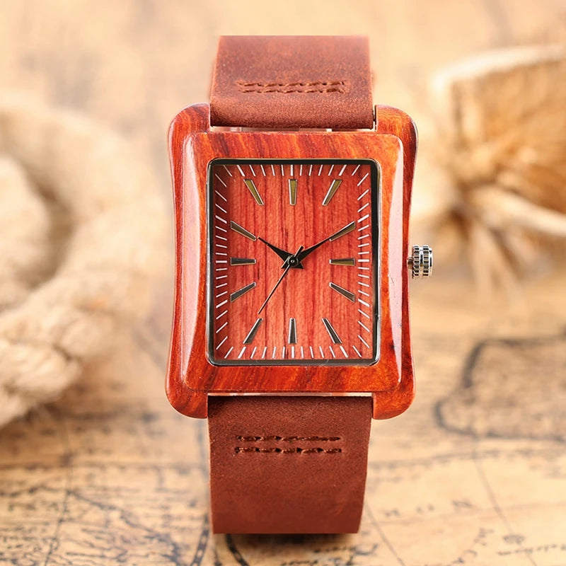 Creative rectangle dial wood watch natural handmade light bamboo fashion men women casual quartz wristwatch genuine