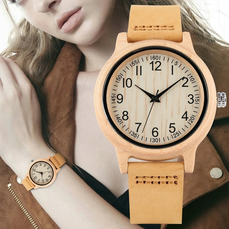 Natural bamboo wooden watches ladies watch female precise scale wood wristwatch slim leather band quartz for women girls