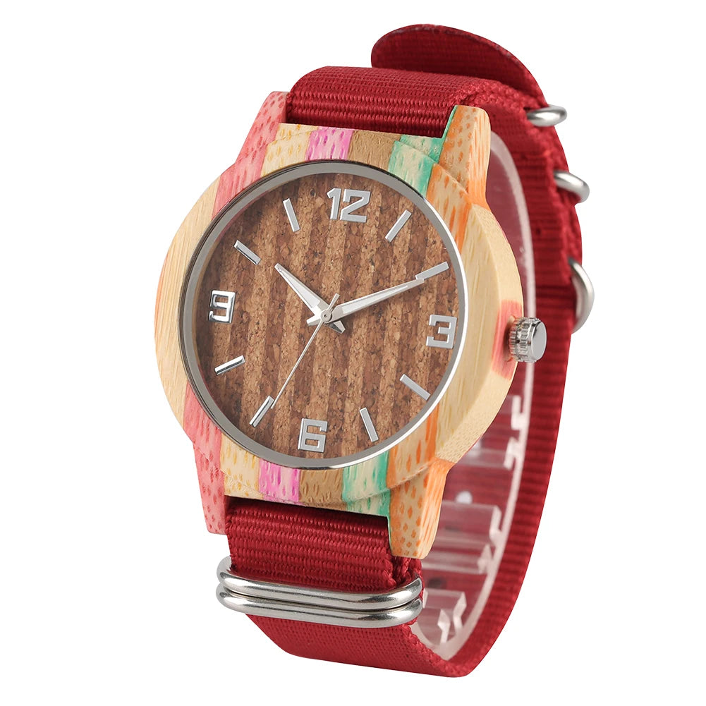 Women’s natural bamboo quartz wooden watch super lightweight wood watches luminous hands wrist nylon band