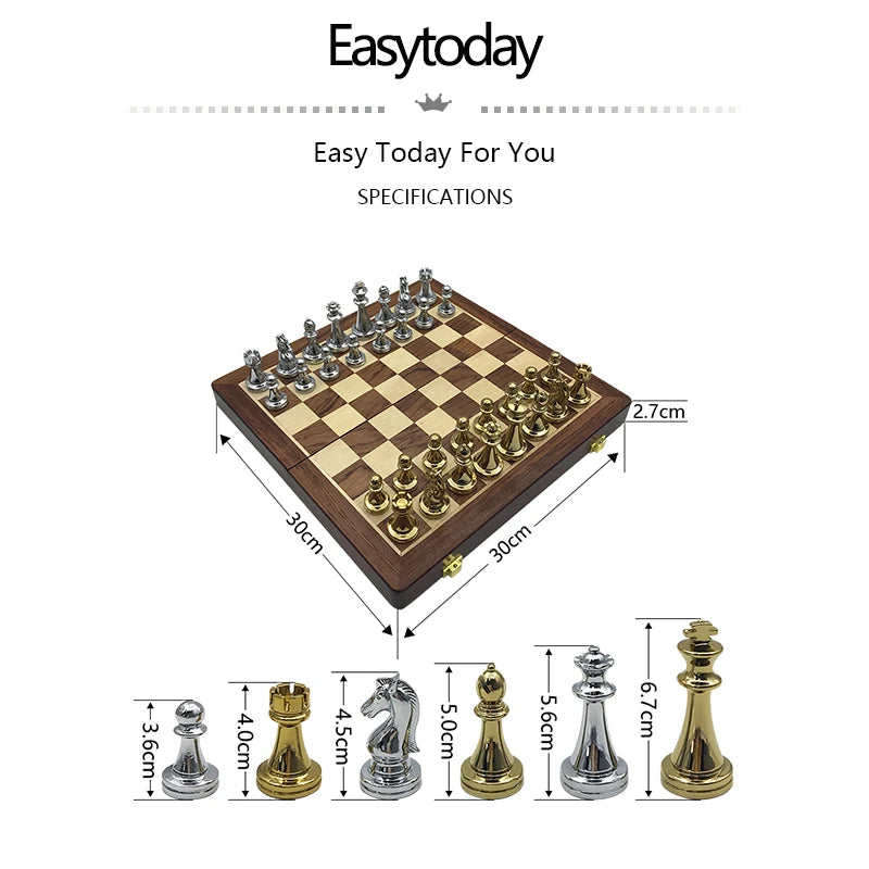 Easytoday metal glossy golden and silver chess pieces solid wooden folding board high grade professional games set