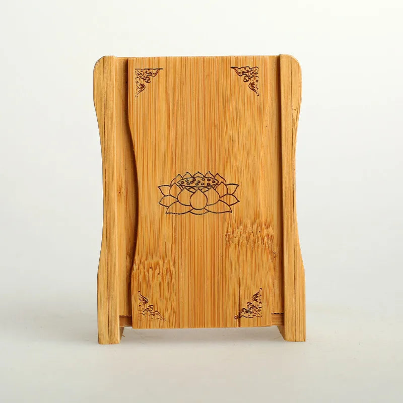 Portable bamboo travel prayer box shrine set with wood carved manjushri statue & separate praying buddha figurine zen