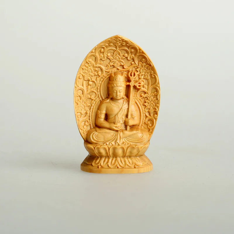 Portable bamboo travel prayer box shrine set with wood carved manjushri statue & separate praying buddha figurine zen