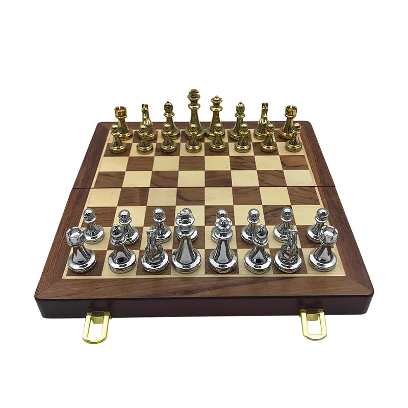 Easytoday metal glossy golden and silver chess pieces solid wooden folding board high grade professional games set