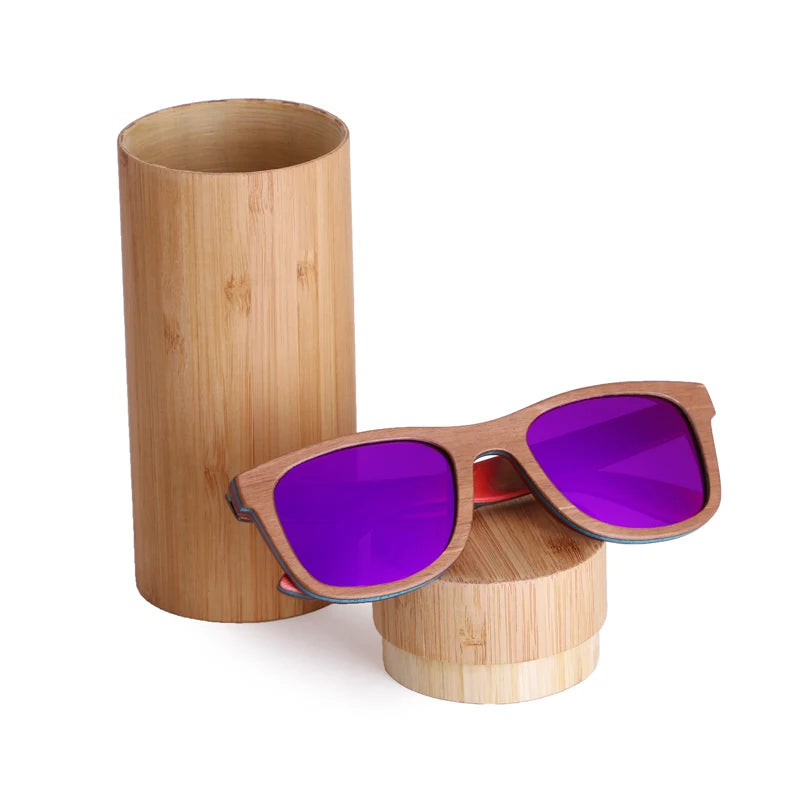 Berwer skateboard wooden sun glasses brown frame with coating mirror wood sunglasses uv400 protection lenses - purple
