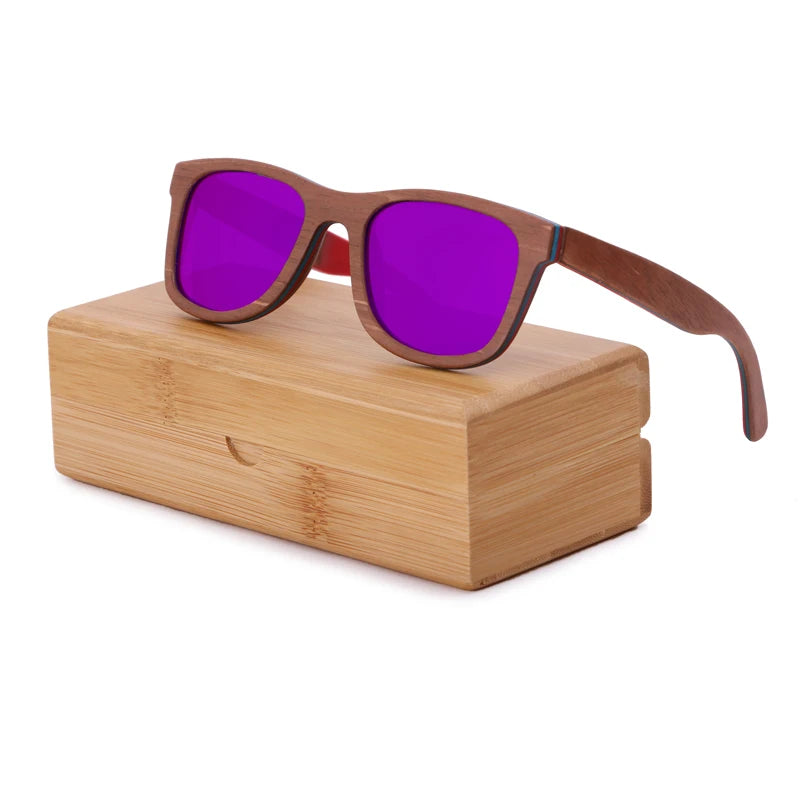 Berwer skateboard wooden sun glasses brown frame with coating mirror wood sunglasses uv400 protection lenses - purple