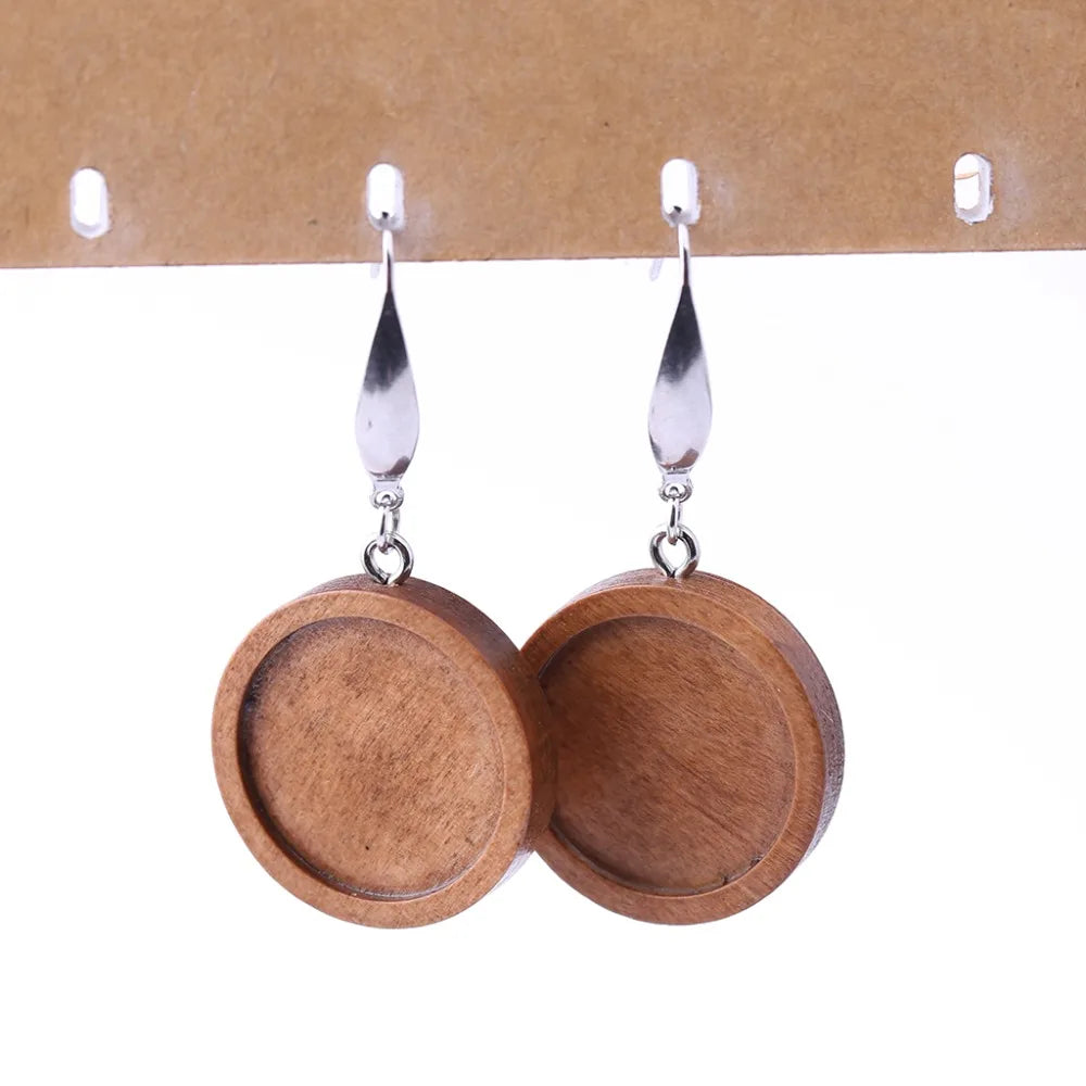 Reidgaller 5 pairs brown wood cabochon earring base 12mm 20mm dia blank bezel settings diy stainless steel ear wire