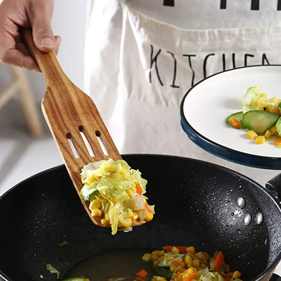 1-5pcs slotted spurtle spatula sets for stirring natural teak kitchen utensil set heat resistant non stick wood cookware