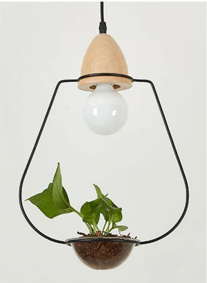 Art deco led plant pendant light with wood base e27 creative rustic pot culture hanging lamp for dining room cafe bar