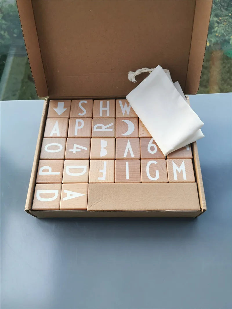 26pcs kids montessori wooden toys big beech alphabet blocks stacking with letter numbers cube bricks early learning - 1