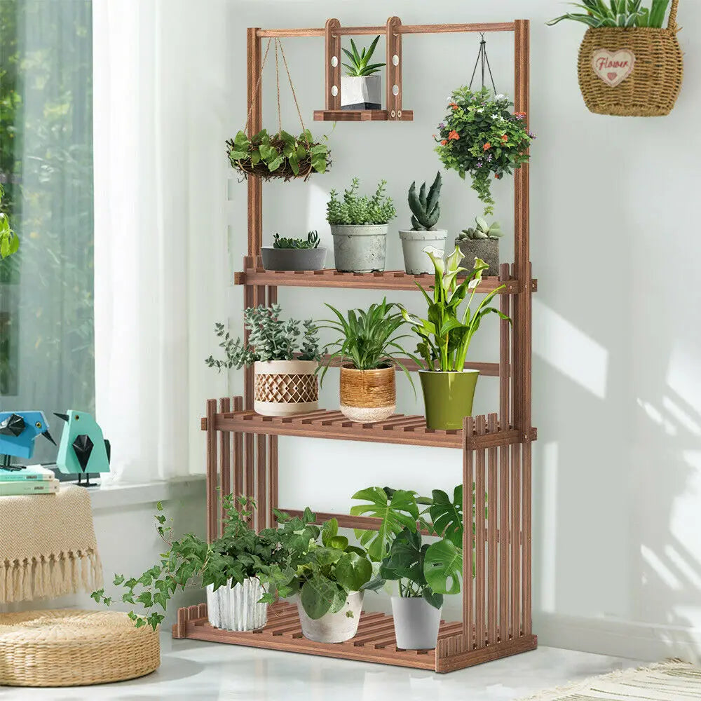3-tier hanging wood plant stand planter shelves flower pot organizer rack multiple display holder shelf indoor outdoor
