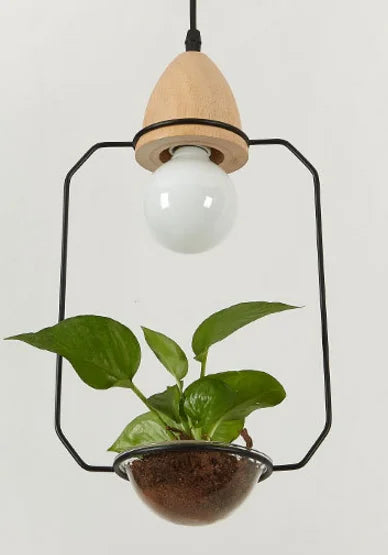 Art deco led plant pendant light with wood base e27 creative rustic pot culture hanging lamp for dining room cafe bar