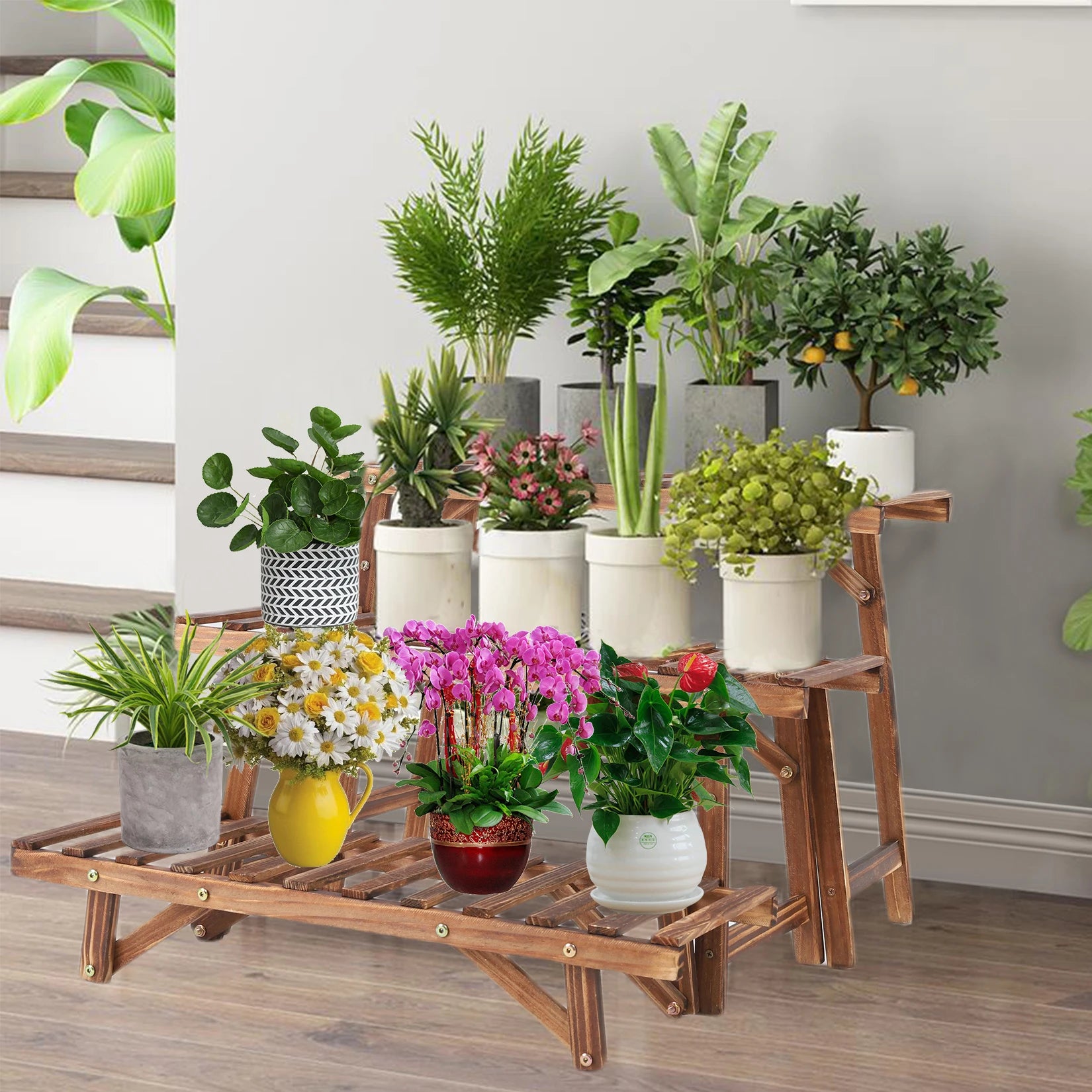 3 tier freestanding ladder shelf wood plant stand indoor outdoor display rack flower pot holder planter organizer