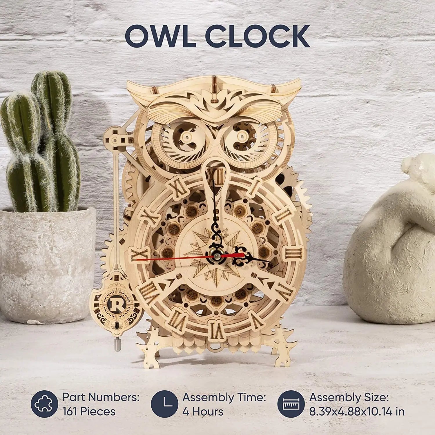 Robotime rokr 161pcs creative diy 3d owl clock wooden model building block kits assembly toy gift for children adult