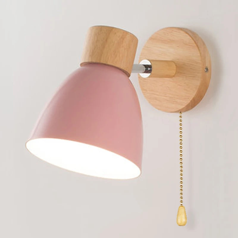 Wooden nordic wall lamp with switch modern sconce for bedroom living room home lighting macaroon 6 color steering head