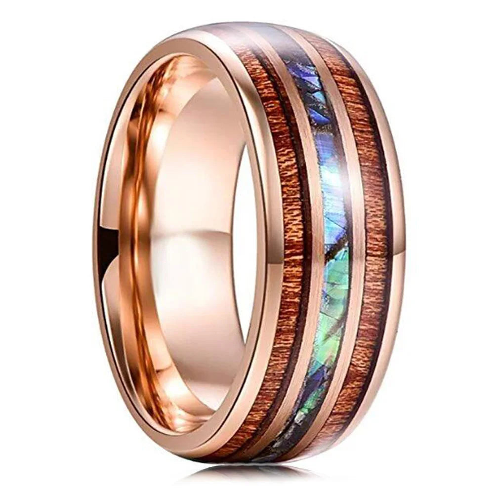 8mm men’s rose gold color stainless steel rings hawaiian koa wood and abalone shell opal inlay ring wedding band jewelry