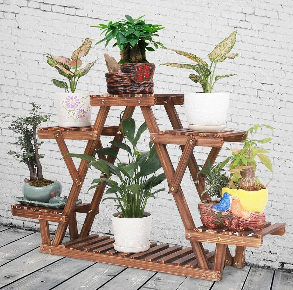 6 tiered wood plant stand indoor outdoor carbonized triangle corner rack
