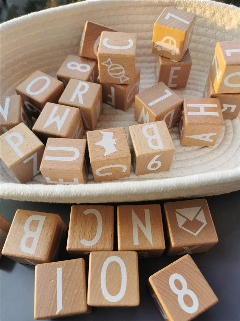 26pcs kids montessori wooden toys big beech alphabet blocks stacking with letter numbers cube bricks early learning - 1