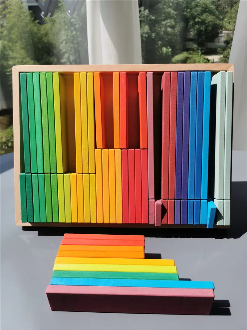 Large rainbow wood building slats construct cubes blocks pastel stacking timber toys for kids early learning - game