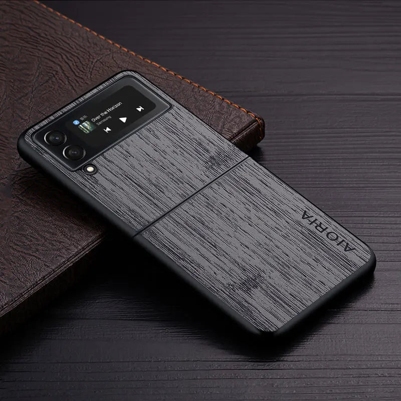 Case for samsung galaxy z flip 3 4 5g flip3 funda bamboo wood pattern leather cover luxury coque galaxy z flip case