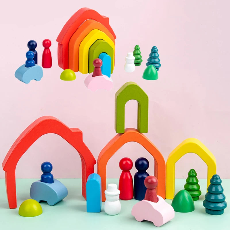 Wooden rainbow arched building blocks montessori educational toys stacking balance sorting game early education