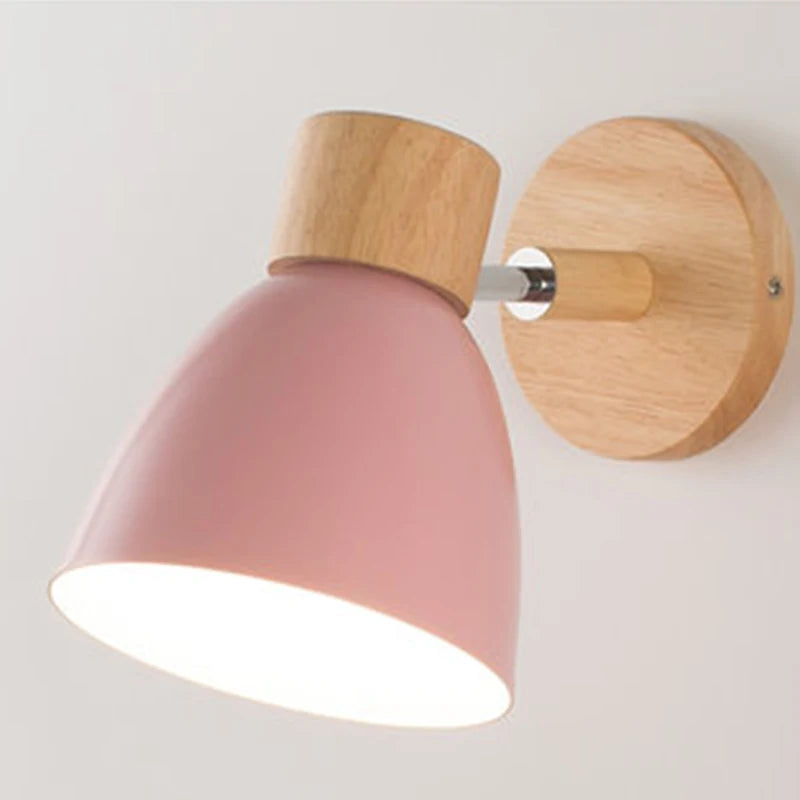 Wooden nordic wall lamp with switch modern sconce for bedroom living room home lighting macaroon 6 color steering head