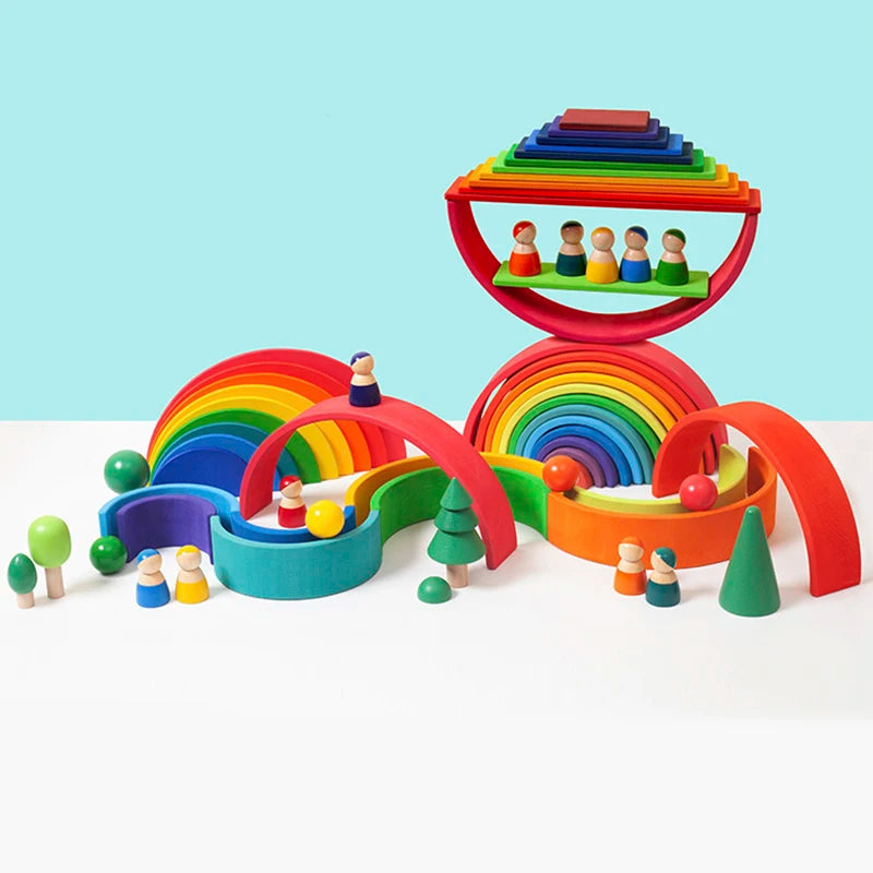 Diy children’s wooden toy creative stacked rainbow building blocks large size montessori educational toys for children