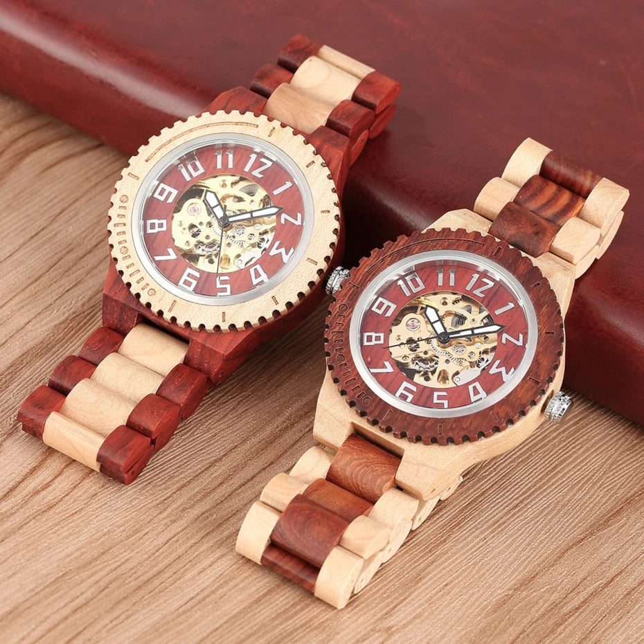 Vintage red wood watch mens automatic mechanical wristwatches wooden band simple round dial luxury relogio masculino
