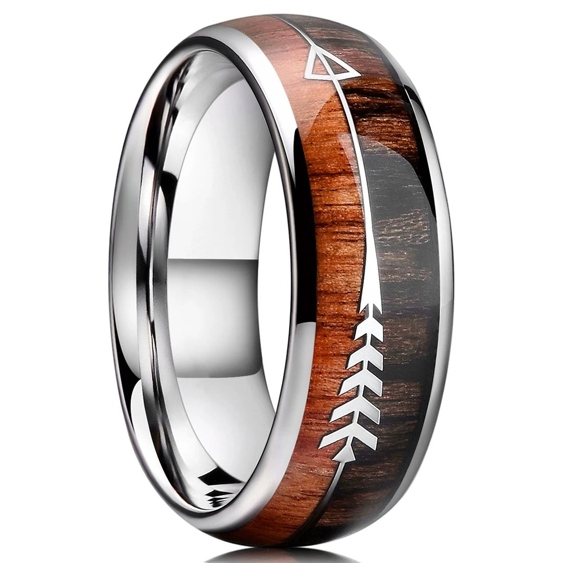Fashion 8mm men rose gold color stainless steel rings inlay hawaiian koa wood and abalone shell for wedding jewelry