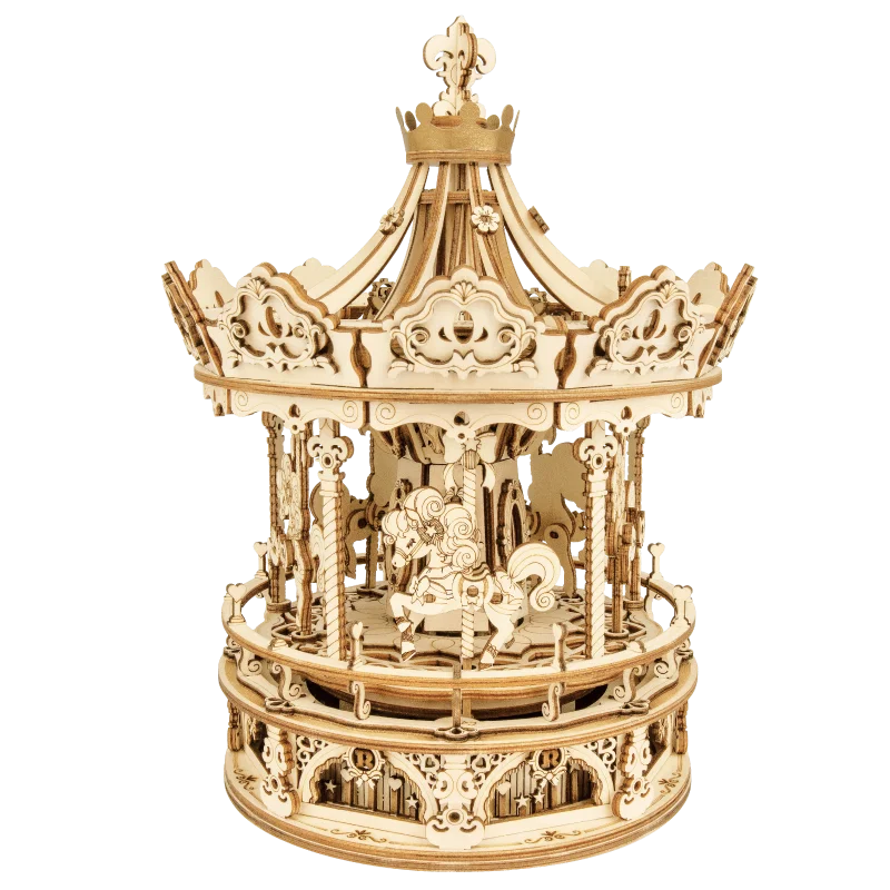 Robotime 3d wooden puzzle 336pcs rotatable diy romantic carousel game gift for children kids adult amk62 assembly music