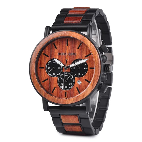 Bobobird luxury men watch top quartz chronograph personalized wristwatch timepiece metal wooden strap gift box relogio