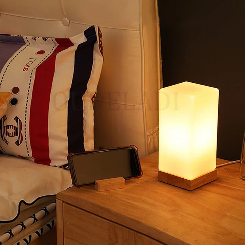 Oudeladi bedside table lamp solid wood glass night light simplicity warm e27 bedroom living room study desk