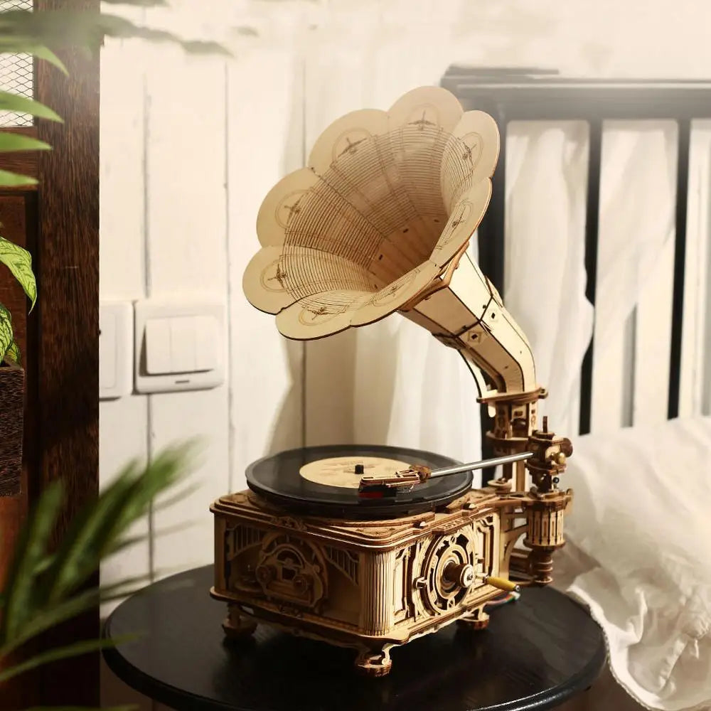 Robotime hand crank classic gramophone with music 1:1 424pcs wooden model building kits gift for children adult lkb01