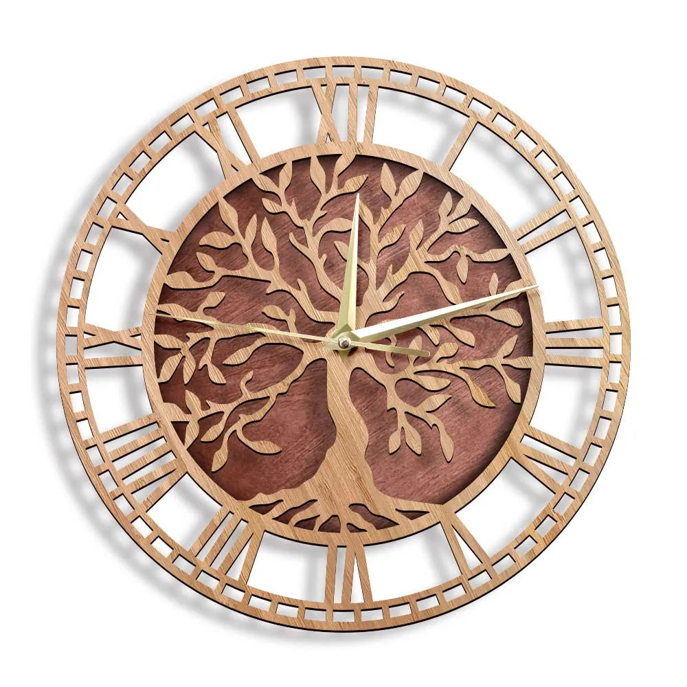 Tree of life wooden wall clock farmhouse style family art silent home decor laser cut watch housewarming gift - 15 inch