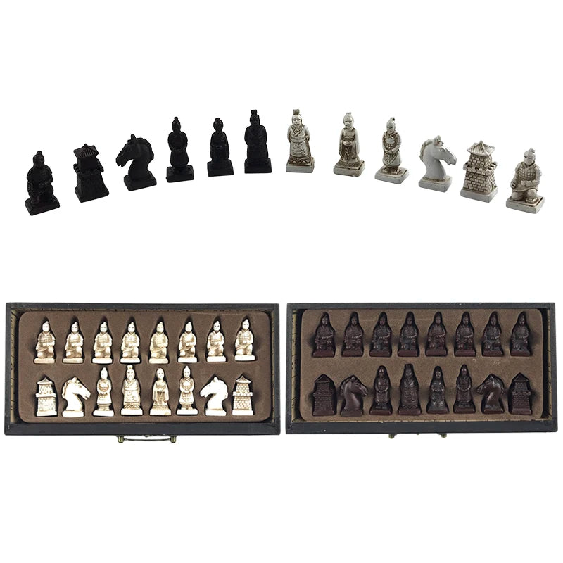 Vintage collection chess 26*26cm(10.24inch) terracotta warriors wood carving resin chessman christmas birthday premium