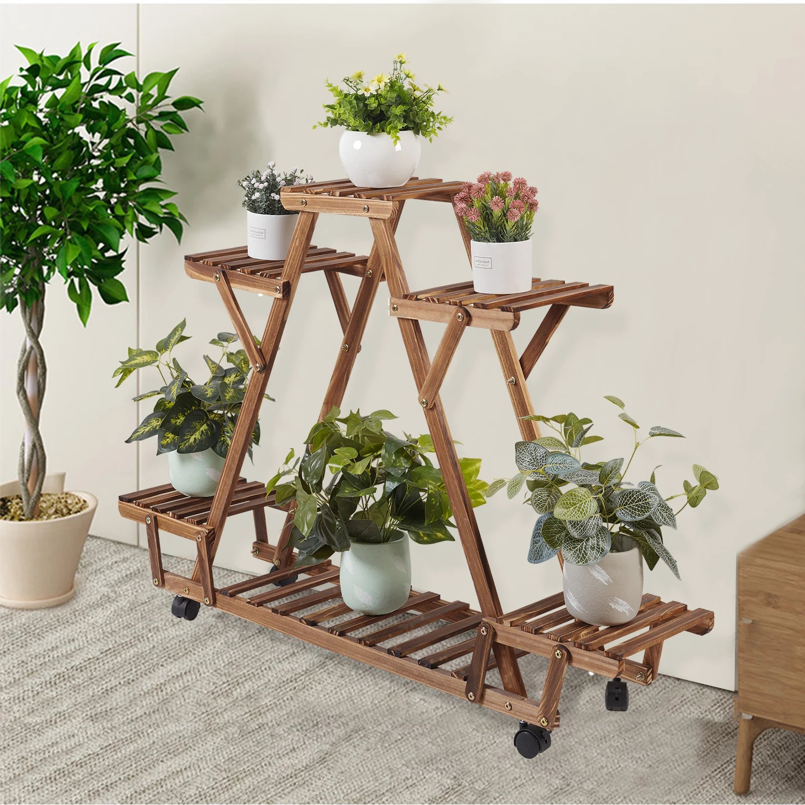 Triangular plant shelf 6 potted carbonized wood holder flower pot stand display storage rack with wheels for garden