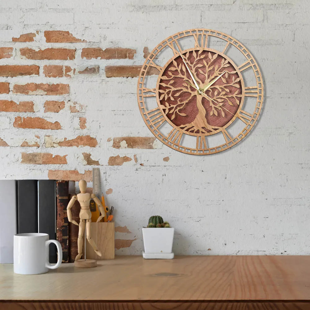 Tree of life wooden wall clock farmhouse style family art silent home decor laser cut watch housewarming gift