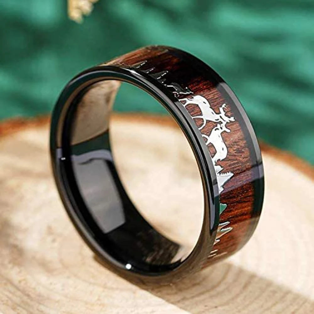 2023 fashion 8mm men black titanium wild life hunting ring koa wood inlay deer family silhouette steel wedding band