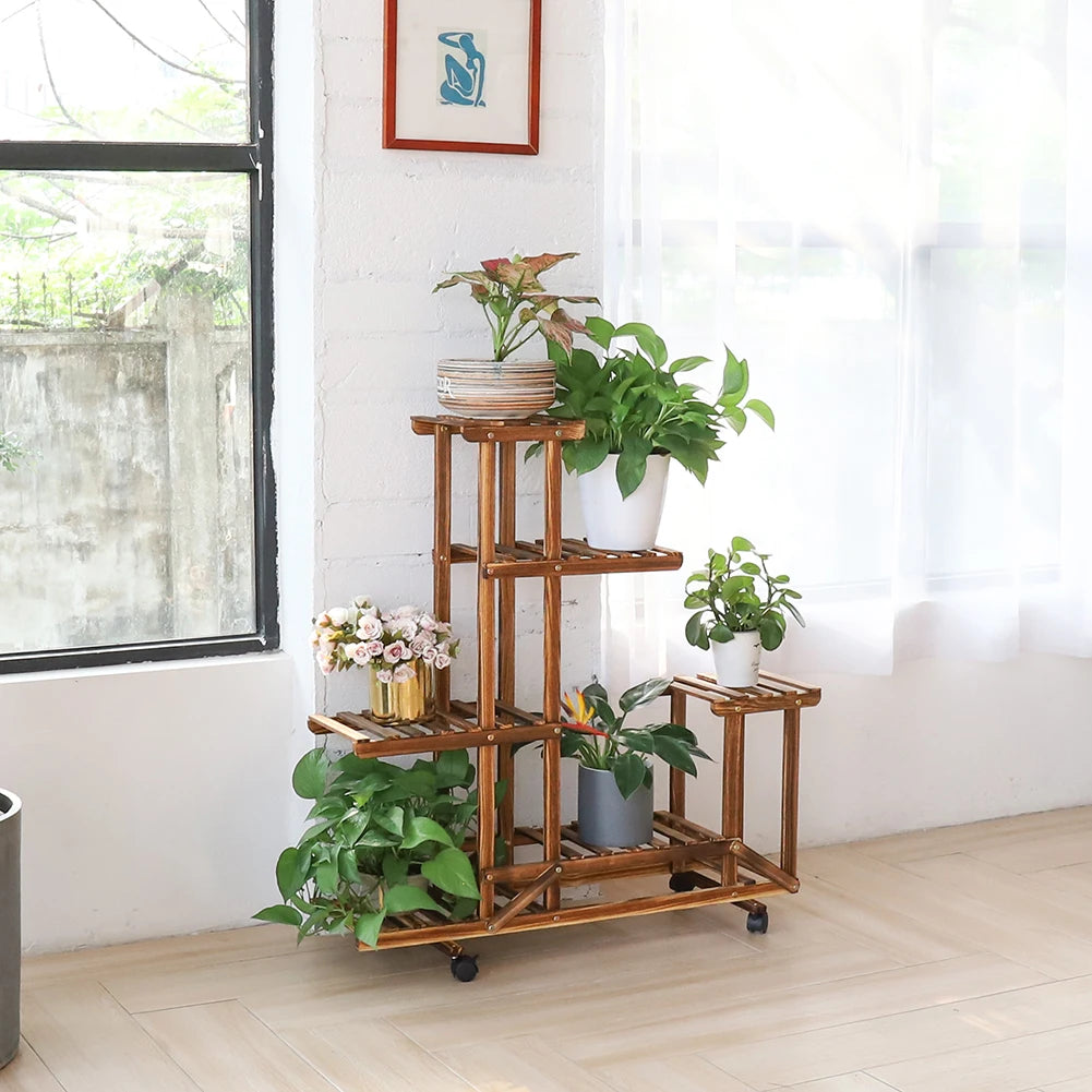 Unho wooden plant stand with wheels multi-layer rolling flower display shelf indoor movable storage rack holder outdoor