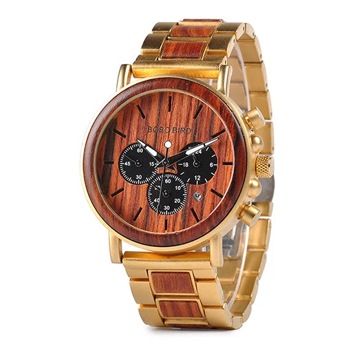 Bobobird luxury men watch top quartz chronograph personalized wristwatch timepiece metal wooden strap gift box relogio