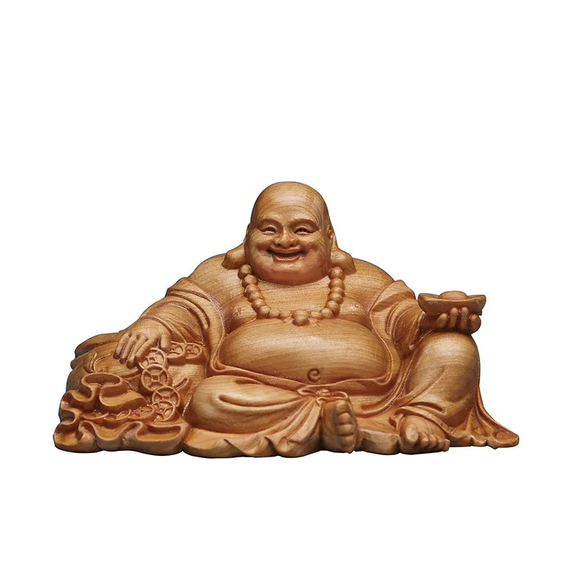 Natural cypress ingot maitreya buddha statue chinese characteristic wood carving home room office god of wealth