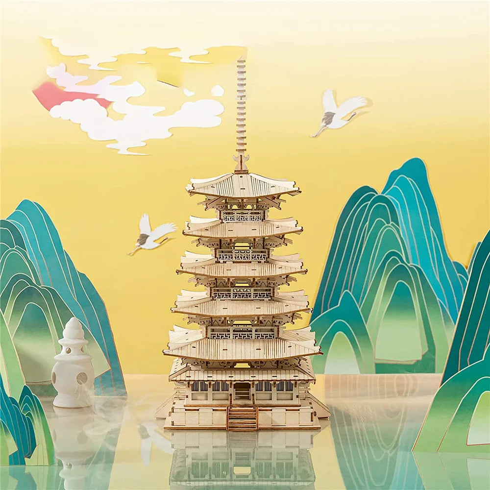 Robotime rolife 275pcs diy 3d five-storied pagoda wooden puzzle game assembly constructor toy gift for children teen