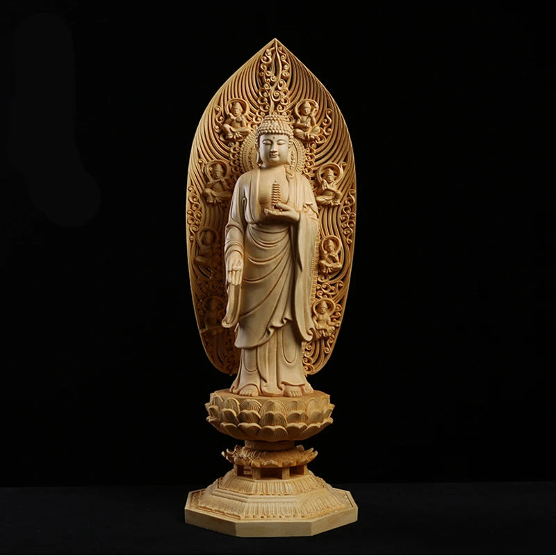 Wooden pharmacist large buddha statue solid wood carving lotus tower home living room decoration crafts 43cm / 16.89