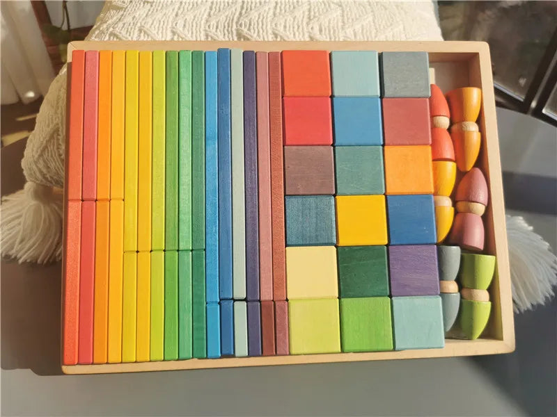 Large rainbow wood building slats construct cubes blocks pastel stacking timber toys for kids early learning - rainbow