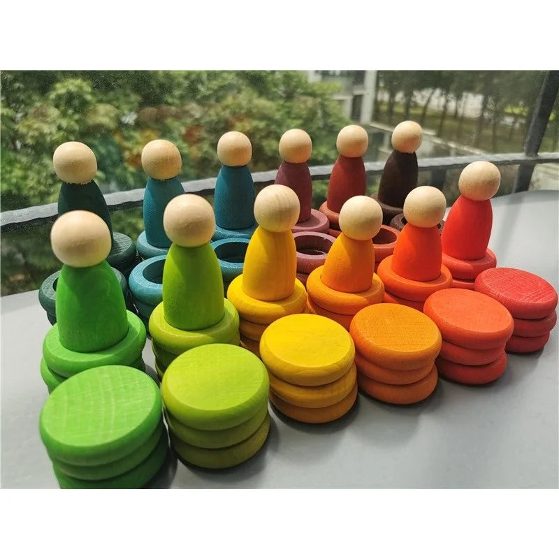 Kids wooden toys beech rainbow coins and rings stacking blocks with peg dolls loose parts - game