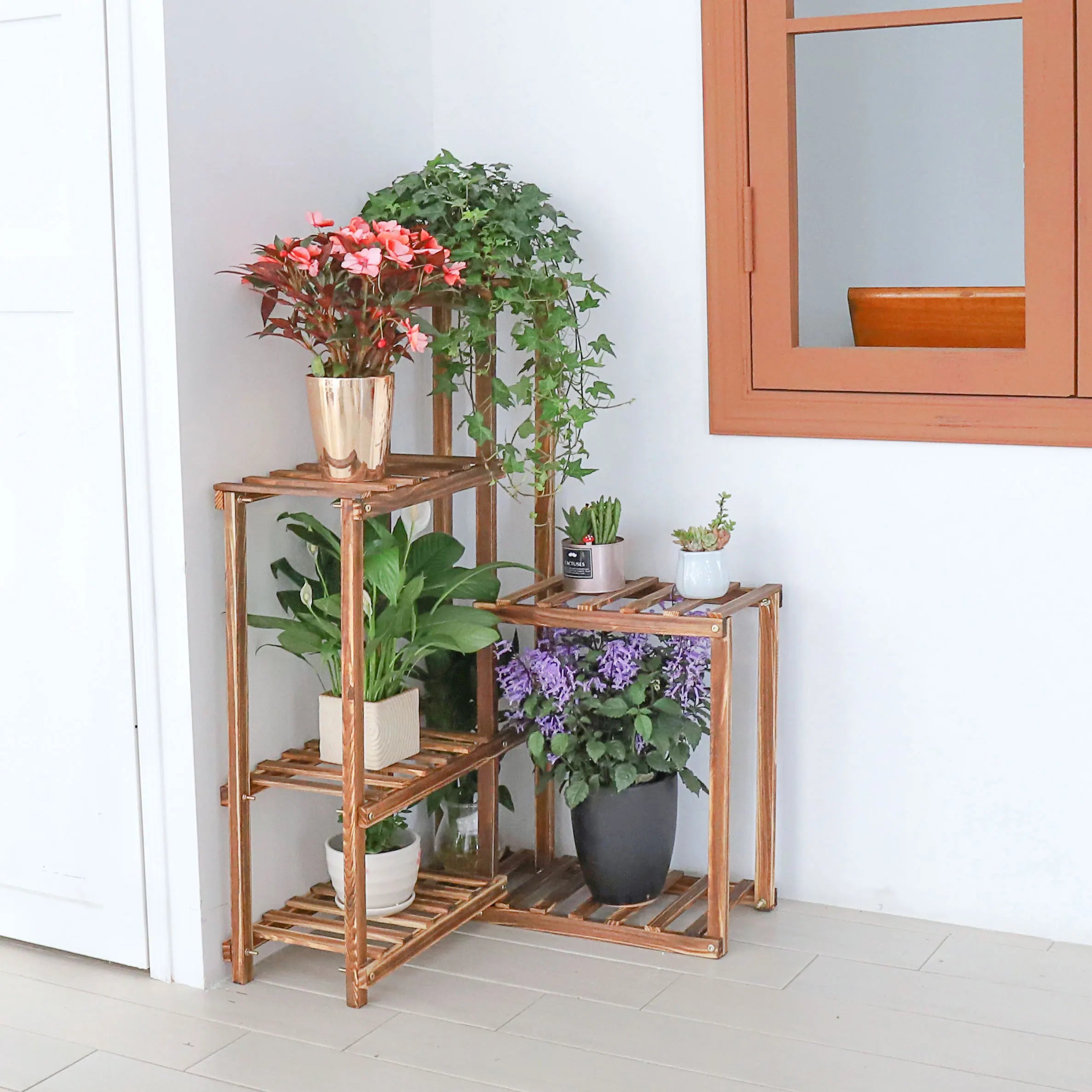 Plant corner stand 6 tier wood shelf indoor outdoor garden patio displaying shelves rack for flowers succulents planter