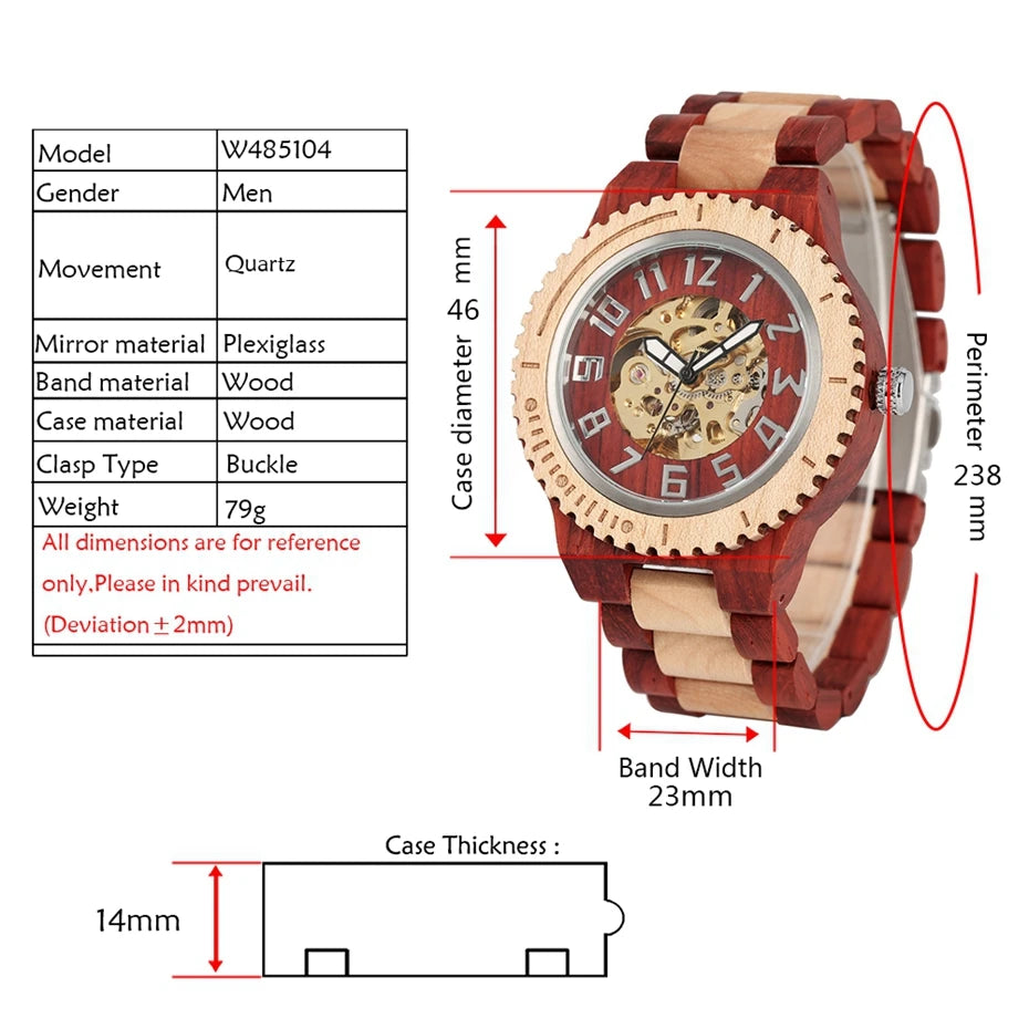 Vintage red wood watch mens automatic mechanical wristwatches wooden band simple round dial luxury relogio masculino