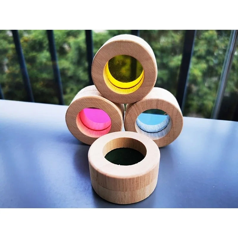 Kids montessori wooden toy sensory rainbow mirror blocks solid rubber wood stacking acrylic building stacker
